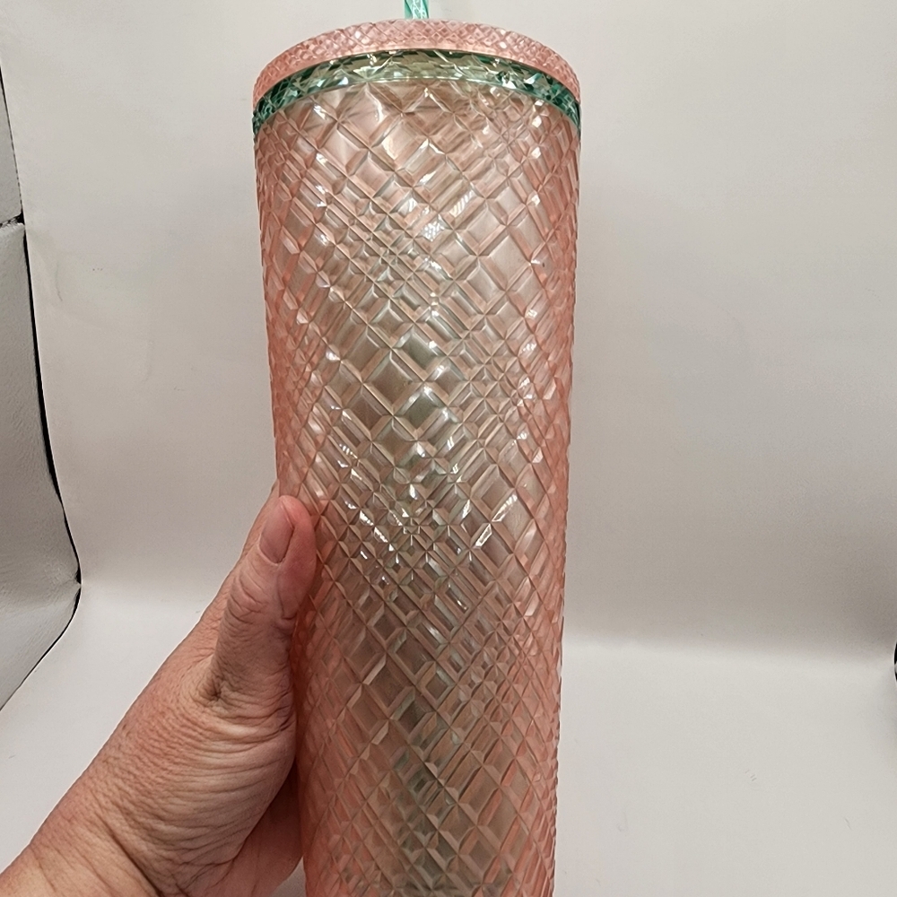 🍉Starbucks 2023 Pearl Pink Green Venti Tumbler 24 oz Jeweled Grid - Nice! - Picture 3 of 6